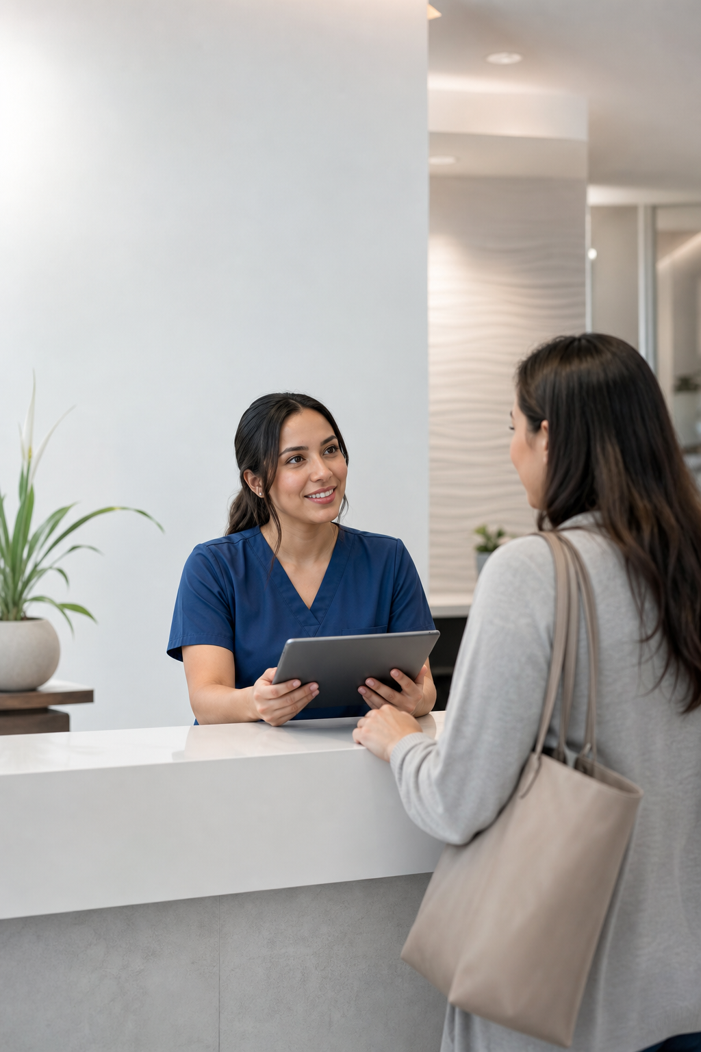 Profesional de salud atendiendo a una paciente con apoyo digital