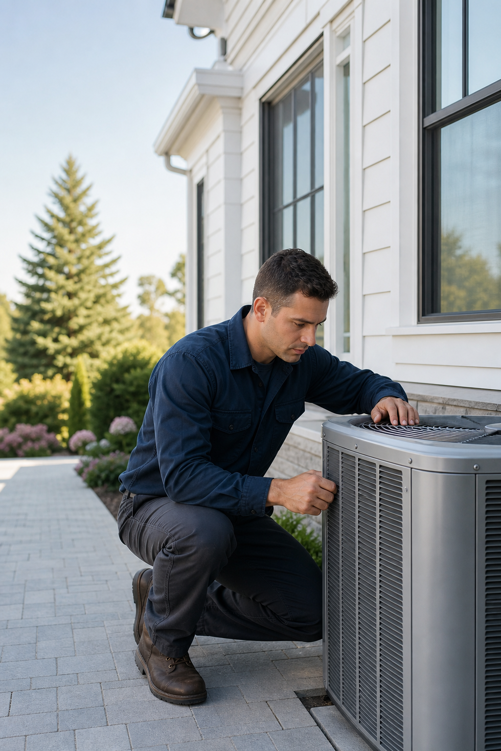 Técnico de climatización trabajando en una vivienda moderna