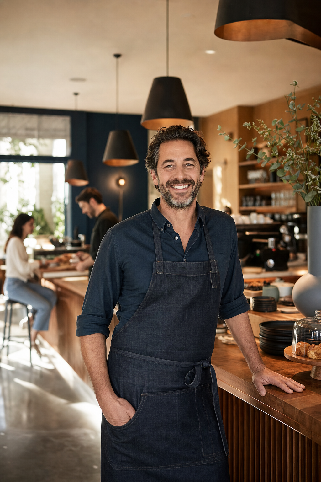 Propietario de un café independiente recibiendo clientes