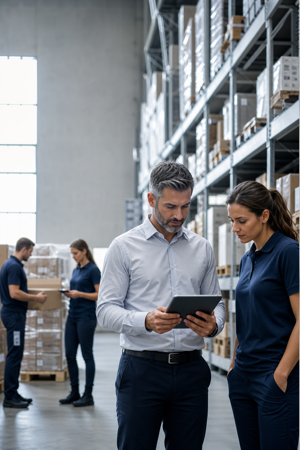 Equipo de logística revisando información de inventario en un almacén