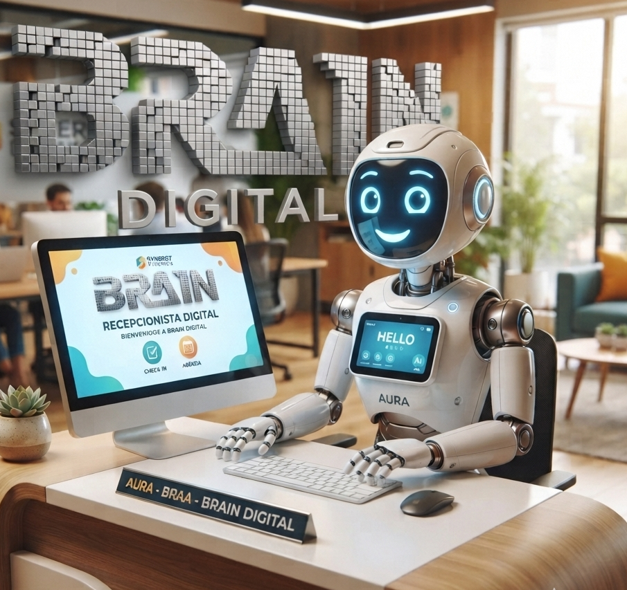 AURA, recepcionista digital bilingüe de BRA1N, atendiendo desde una estación de trabajo