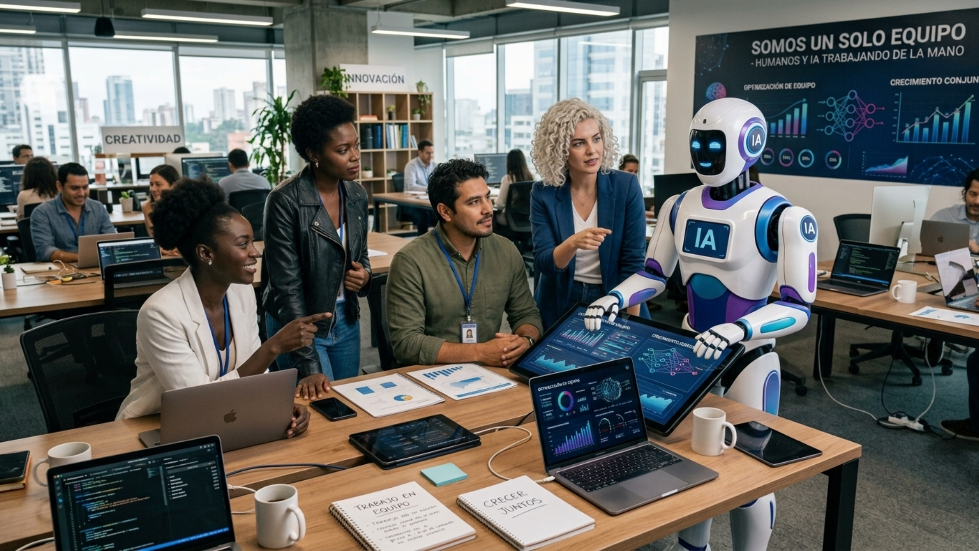 Equipo humano colaborando con inteligencia artificial en una operación digital